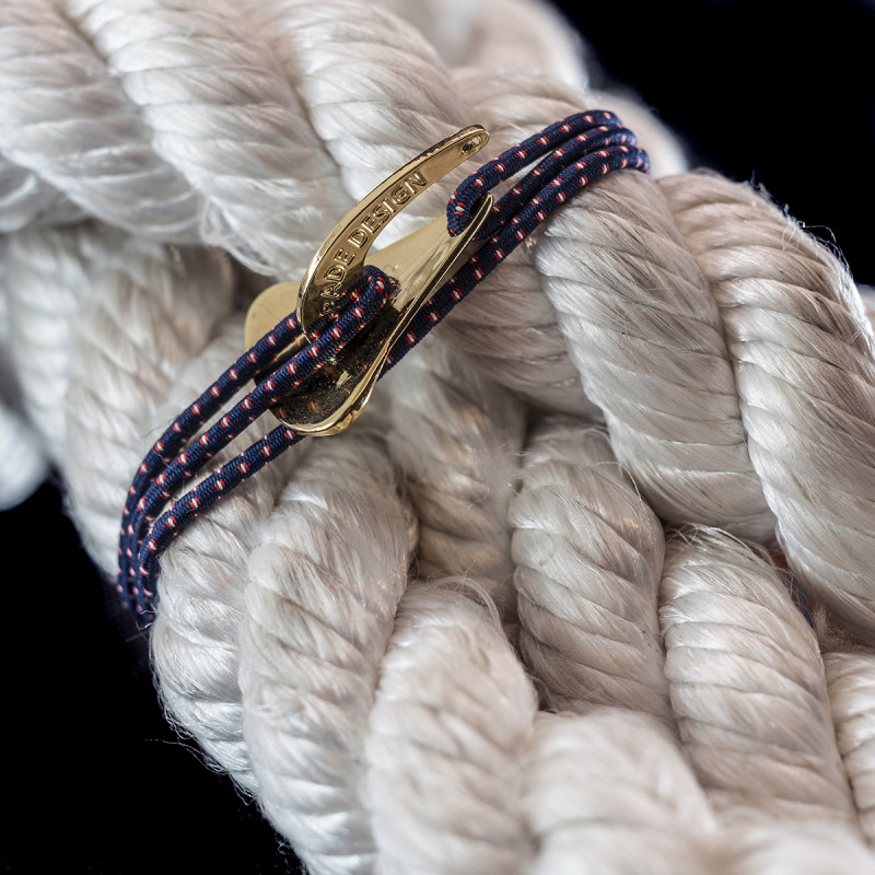 Bracelet Homme Ancre - Cordon Elastique - Bleu et Rouge - Rhodié